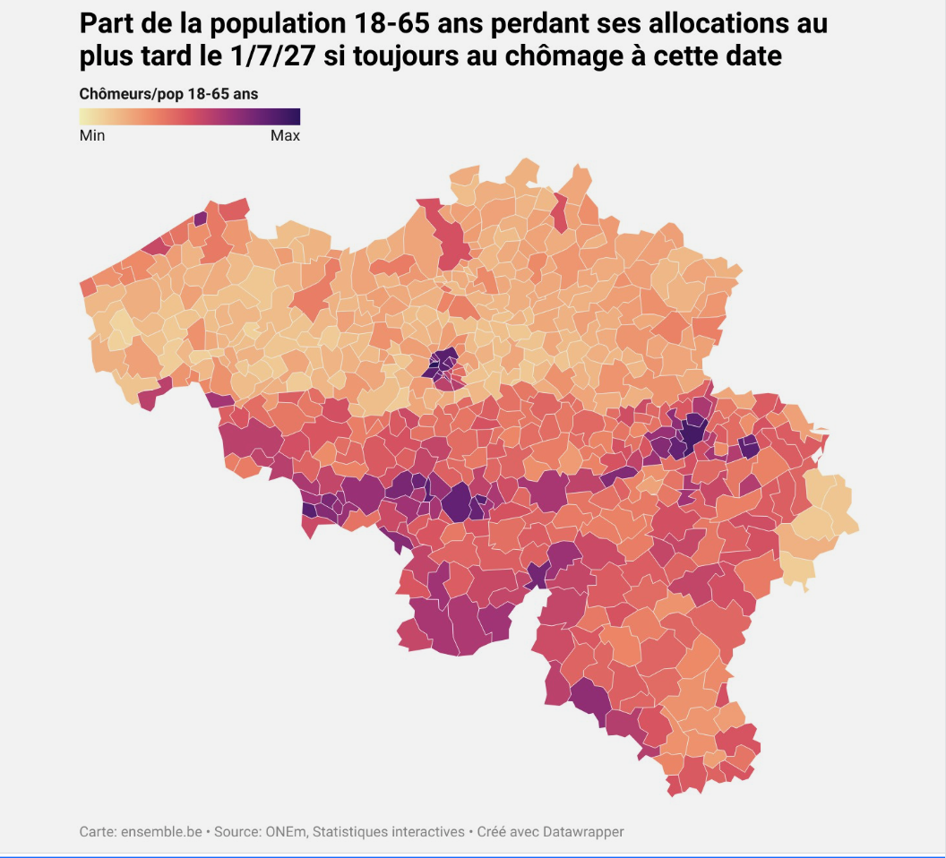 Une catastrophe sociale qui épouse assez spectaculairement les frontières linguistiques du pays. On comprend que la NVa se réjouisse d'une réforme qui va couler Bruxelles et la Wallonie ! (carte : 