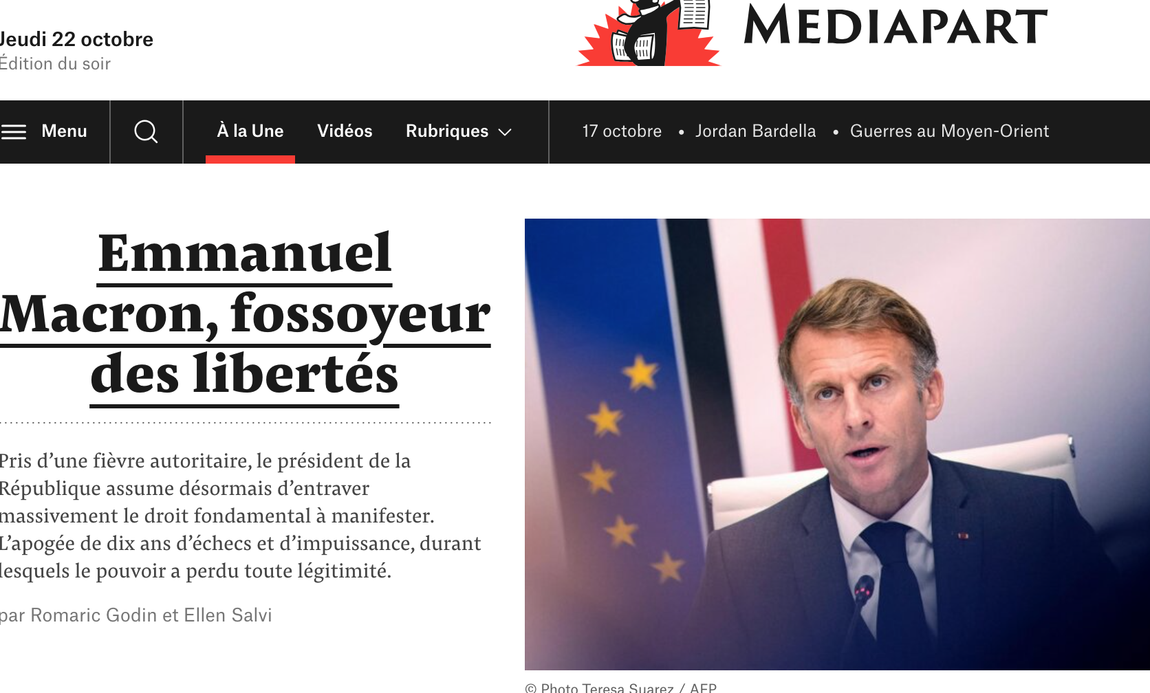 Macron s’affirme de plus en plus comme le chef de file de la droite la plus réac. En avril 2024, j’expliquais déjà ici pourquoi le Macronisme était un « illiberalisme ». (en photo, la « une » du site Mediapart en octobre 2026).