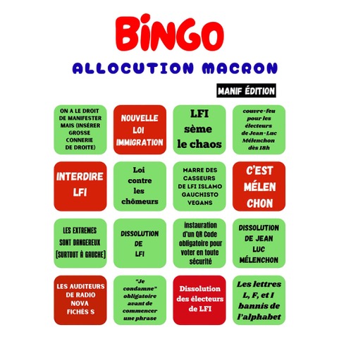L’ACTUALITÉ VUE PAR JO « dessins de presse »/ Le Bingo de l’allocution de Macron
